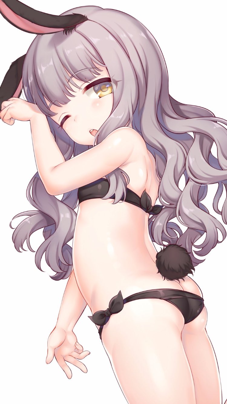 animal_ears arm_up ass bangs bare_shoulders belly bikini black_bikini blush breasts bunny_ears bunny_tail butt_crack comiket_92 commentary_request dutch_angle eyebrows_visible_through_hair from_side grey_hair half-closed_eye highres long_hair looking_at_viewer maki_(natoriumu) one_eye_closed open_mouth original paw_pose petite side-tie_bikini simple_background small_breasts solo swimsuit tail tareme teeth thighs wavy_hair white_background yellow_eyes