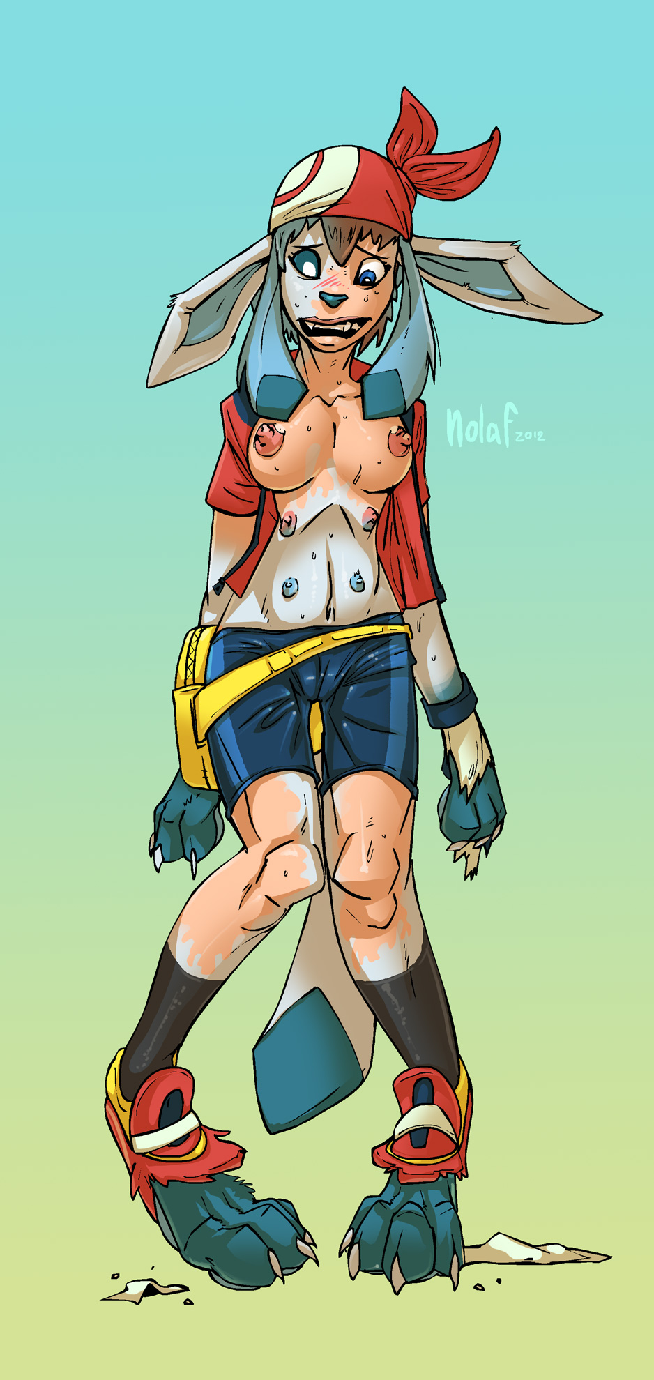 breasts clothing eeveelution female glaceon may_(pok&eacute;mon) nintendo nolaf pok&eacute;mon scared solo standing torn_clothing transformation video_games