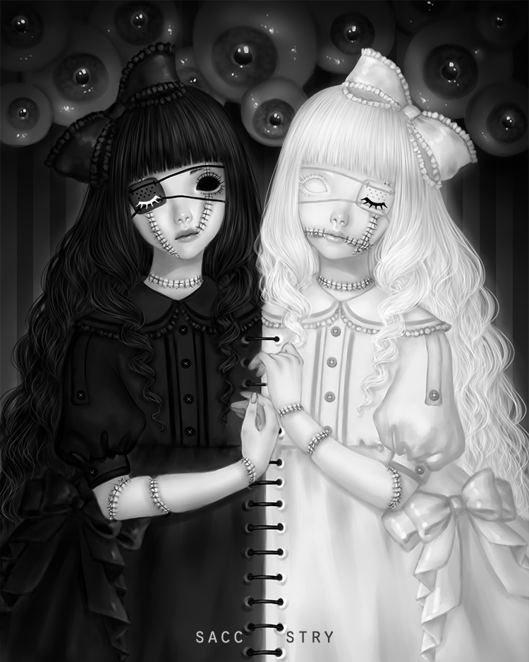 closed_eyes eyeball eyepatch gothic_lolita greyscale holding_hands lolita_fashion monochrome multiple_girls original saccstry sewn_together