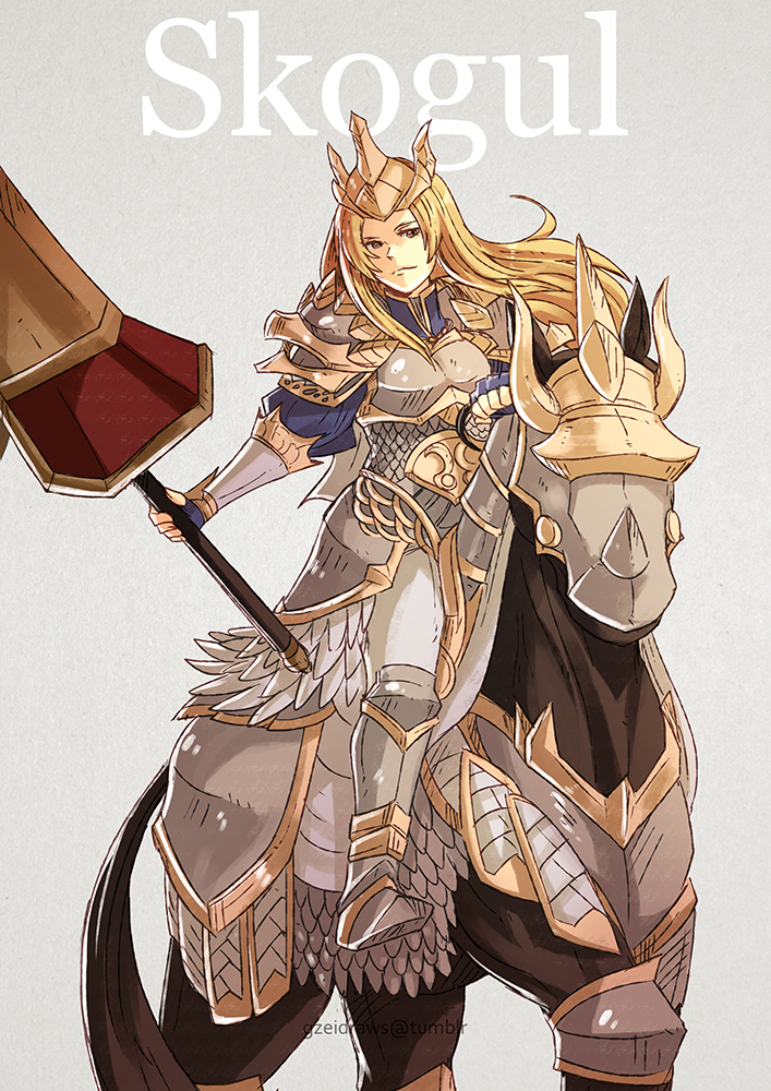 armor blonde_hair breastplate crown fingerless_gloves fire_emblem fire_emblem_echoes:_mou_hitori_no_eiyuuou gloves greaves grin gzei holding holding_weapon horse knight lance long_hair looking_at_viewer matilda_(fire_emblem) pauldrons polearm riding simple_background smile solo weapon