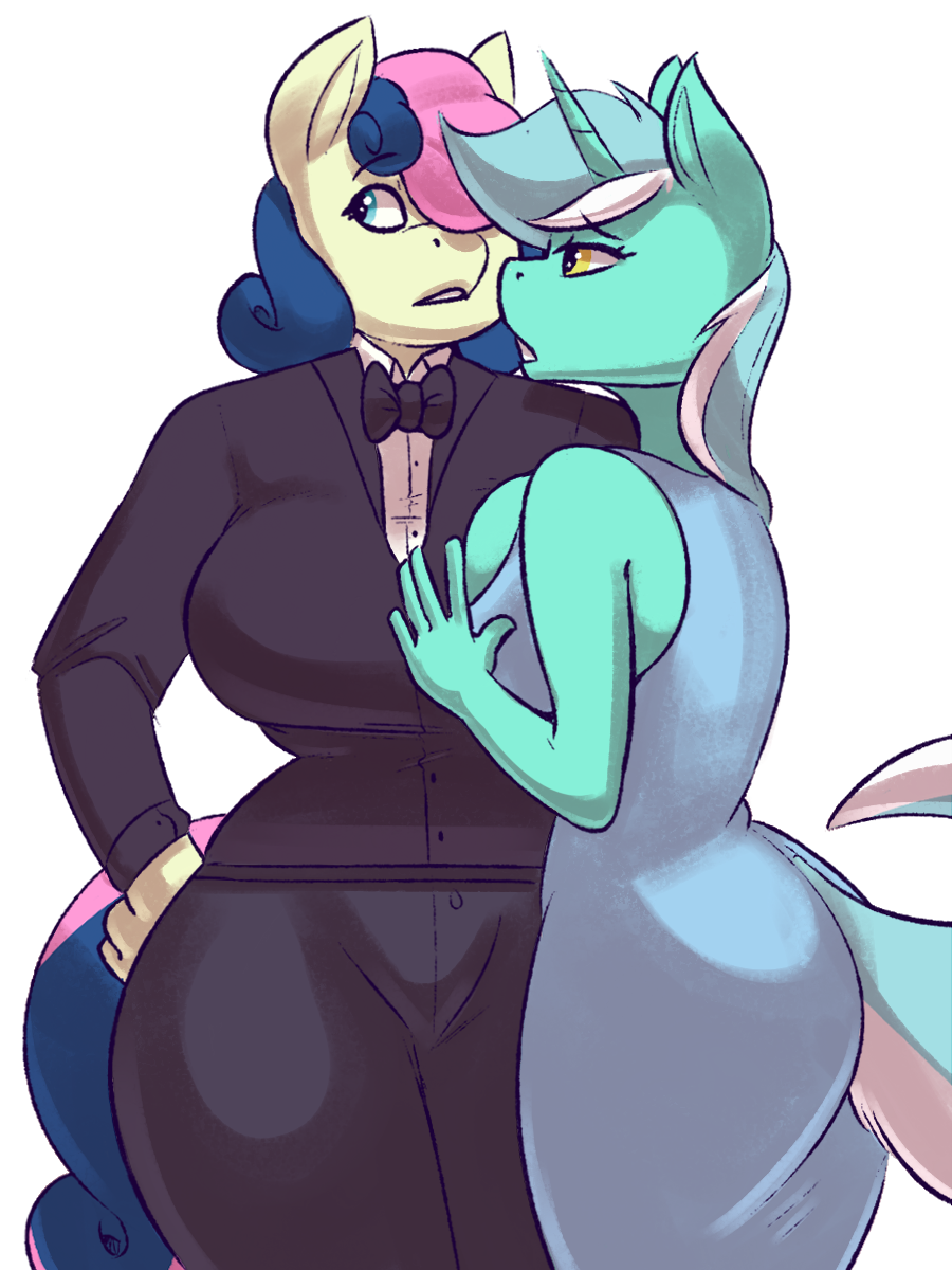 anthro bonbon_(mlp) breast_squish breasts clothed clothing duo earth_pony equine female friendship_is_magic horn horse komponi lyra_heartstrings_(mlp) mammal my_little_pony pony standing teeth unicorn wide_hips