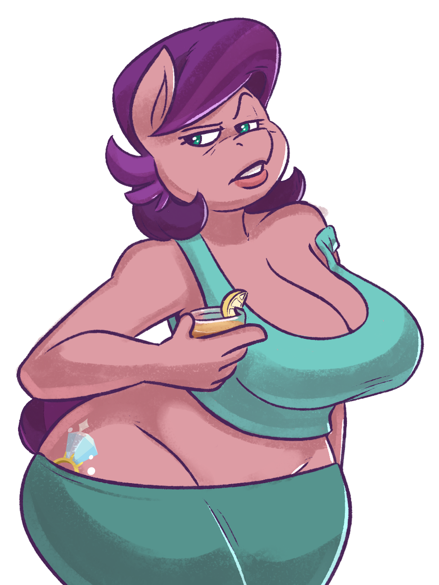 anthro beverage breasts clothed clothing cutie_mark earth_pony equine fan_character female horse komponi makeup mammal mature_female my_little_pony pony solo standing suggestive thick_thighs wide_hips