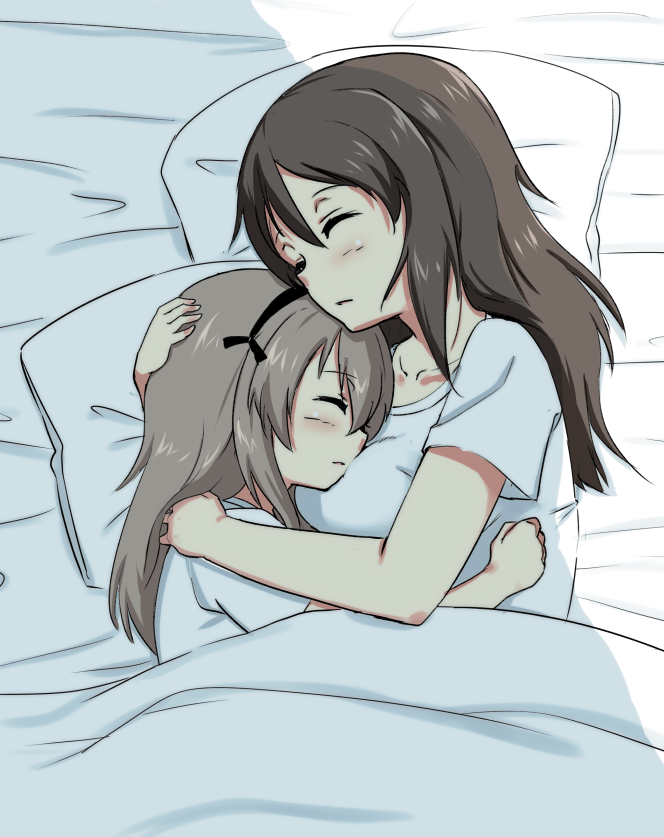 bed bed_sheet black_ribbon brown_hair closed_eyes closed_mouth girls_und_panzer hair_ribbon hikyakuashibi hug light_brown_hair long_hair lying mika_(girls_und_panzer) multiple_girls on_side pillow ribbon shimada_arisu shirt sleeping t-shirt white_shirt