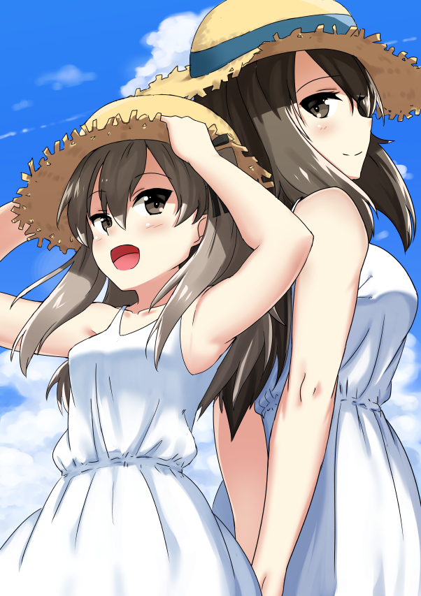 arms_behind_back back-to-back bangs brown_eyes brown_hair closed_mouth cloud cloudy_sky day dress girls_und_panzer hands_on_headwear hat hikyakuashibi light_brown_hair long_hair looking_at_another looking_back mika_(girls_und_panzer) multiple_girls open_mouth outdoors shimada_arisu sky smile standing straw_hat sun_hat sundress upper_body white_dress