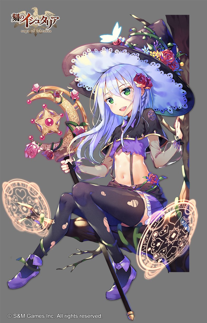 age_of_ishtaria black_hat black_legwear blush company_name eyebrows_visible_through_hair fangs green_eyes hat highres holding holding_staff long_hair looking_at_viewer navel parted_lips shoonia silver_hair smile solo staff teeth thighhighs torn_clothes torn_legwear witch_hat
