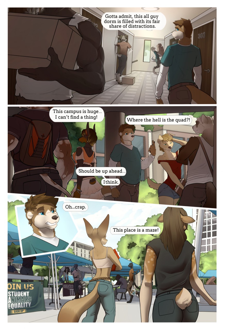 2017 anthro backpack canine clothed clothing college comic dialogue digital_media_(artwork) dog dorm fasttrack37d fennec fox fully_clothed hair hi_res inside looking_back male mammal other outside rowan school text