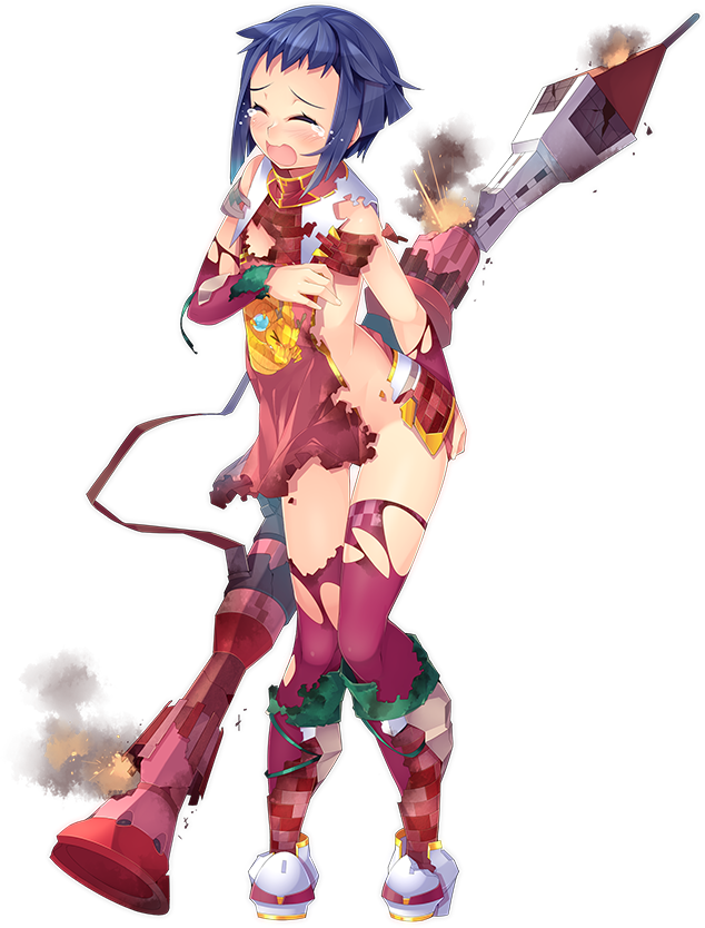 anping_kohou_(oshiro_project) bazooka blue_hair boots closed_eyes crying detached_sleeves full_body holding holding_weapon kokka_han official_art open_mouth oshiro_project oshiro_project_re purple_legwear short_hair solo thighhighs torn_clothes torn_legwear transparent_background weapon