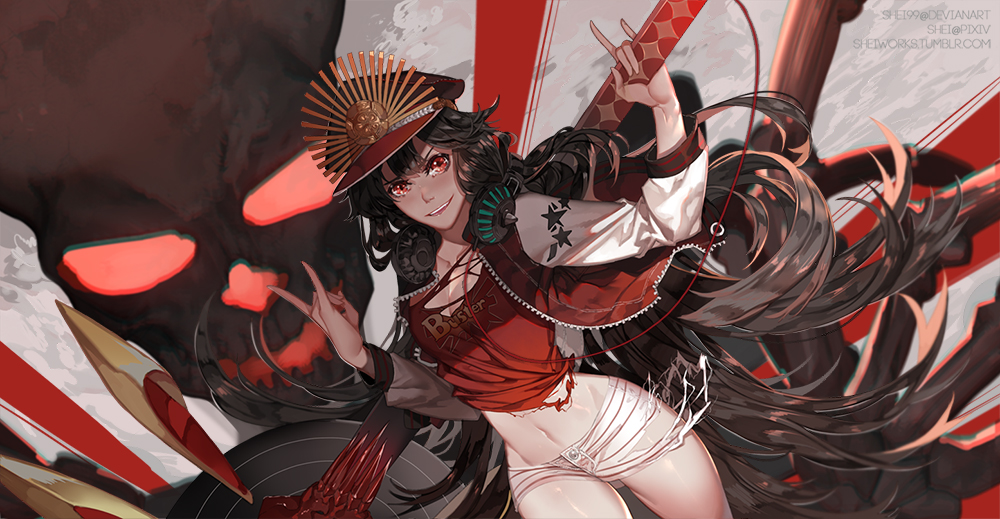 \m/ black_hair breasts buster_shirt cleavage dutch_angle family_crest fate/grand_order fate_(series) grin hat jacket long_hair looking_at_viewer medium_breasts navel oda_nobunaga_(fate) oda_nobunaga_(swimsuit_berserker)_(fate) oda_uri over_shoulder peaked_cap red_eyes shei99 shirt shorts skull smile solo torn_clothes torn_shirt torn_shorts very_long_hair weapon weapon_over_shoulder white_shorts