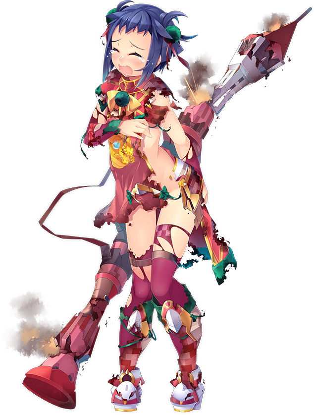 anping_kohou_(oshiro_project) bazooka blue_hair boots closed_eyes crying detached_sleeves full_body hair_ornament holding holding_weapon kokka_han official_art open_mouth oshiro_project oshiro_project_re purple_legwear short_hair solo thighhighs torn_clothes torn_legwear transparent_background weapon