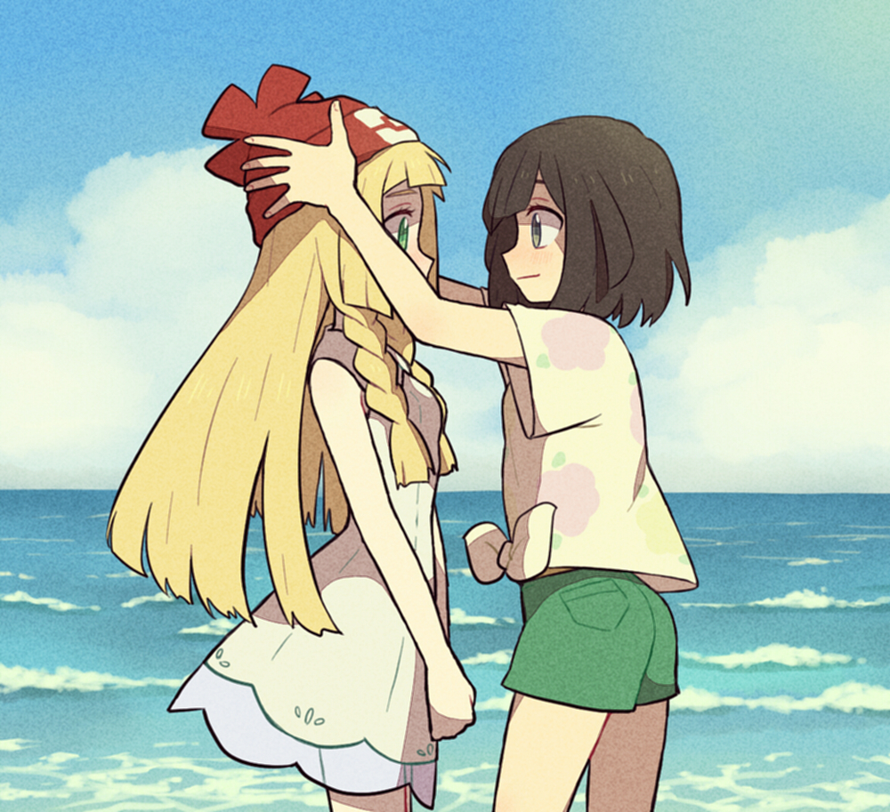 2girls arms_up bangs bare_shoulders beanie black_hair blonde_hair blue_sky blush braid closed_mouth cloud creatures_(company) day dress eye_contact face-to-face fingernails flat_chest floral_print from_side game_freak green_eyes green_shorts grey_eyes happy hat hat_switch lillie_(pokemon) long_hair looking_at_another mizuki_(pokemon) multiple_girls nintendo ocean poke_ball_theme pokemon pokemon_(game) pokemon_sm profile red_hat see-through shirt shiwo_(siwosi) short_hair short_shorts short_sleeves shorts sky sleeveless sleeveless_dress smile standing tied_hair tied_shirt twin_braids v_arms water white_dress yellow_shirt