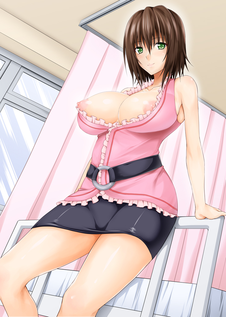 areolae arm_support armpit_peek bangs bare_shoulders black_skirt blush breasts brown_hair collarbone commentary_request cowboy_shot day green_eyes indoors infirmary large_areolae large_breasts long_legs looking_at_viewer mikado_ryouko nipple_slip nipples pencil_skirt puffy_nipples shirt short_hair skirt sleeveless sleeveless_shirt smile solo taro_kasukabe to_love-ru