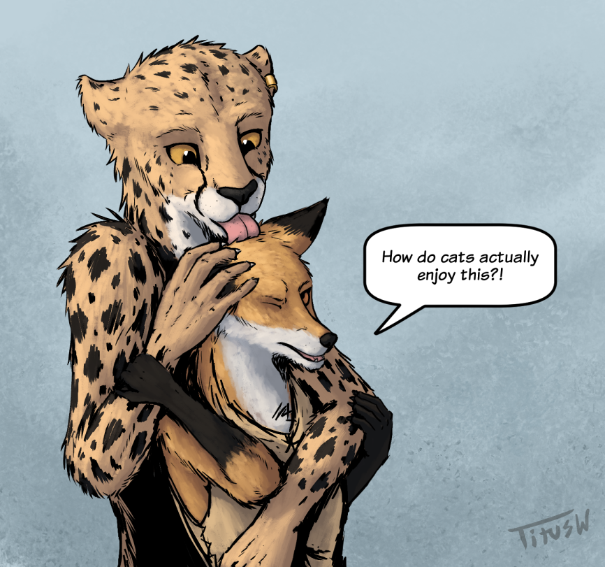 anthro canine cheetah clothed clothing dialogue duo feline fox gloves_(marking) licking male mammal markings orange_eyes size_difference titusw tongue tongue_out