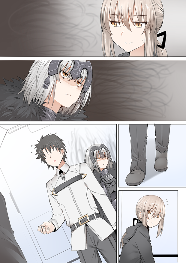 1boy 2girls ahoge armor artoria_pendragon_(all) bangs black_footwear black_hair black_hoodie black_pants breasts chains chaldea_uniform comic dark_background eyebrows_visible_through_hair fate/grand_order fate_(series) flying_sweatdrops fujimaru_ritsuka_(male) fur_trim ginhaha glaring hair_ribbon headpiece jacket jeanne_d'arc_(alter)_(fate) jeanne_d'arc_(fate)_(all) jeanne_d'arc_(alter)_(fate) jeanne_d'arc_(fate)_(all) long_hair long_sleeves looking_away multiple_girls pants ribbon saber_alter shaded_face short_hair silent_comic silver_hair sweatdrop white_jacket yellow_eyes