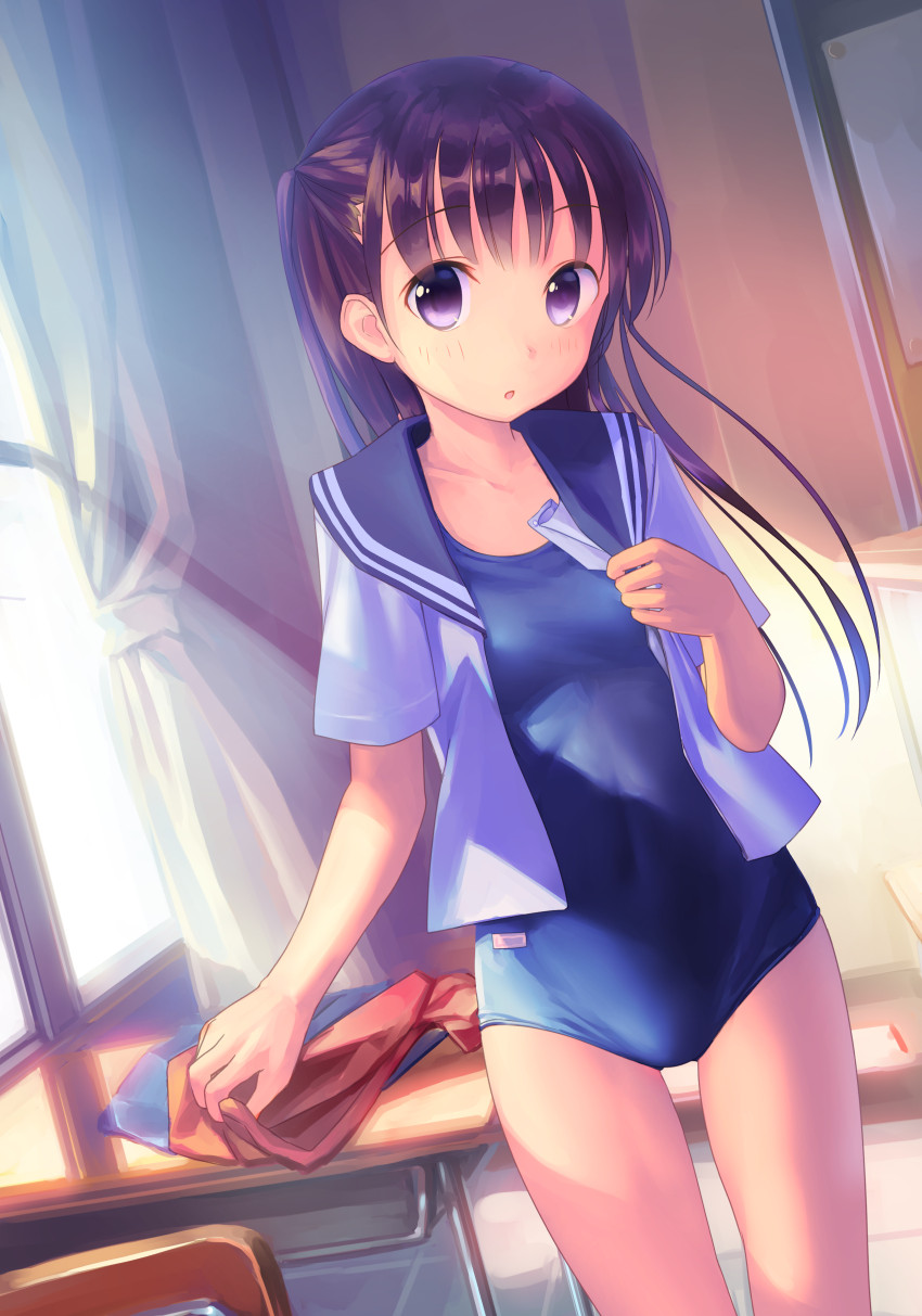 blue_swimsuit blush brown_hair chair classroom commentary_request curtains desk highres indoors long_hair looking_at_viewer new_school_swimsuit no_pants one-piece_swimsuit one_side_up open_mouth original purple_eyes sailor_collar school_desk school_swimsuit school_uniform serafuku shiny shiny_clothes solo standing swimsuit swimsuit_under_clothes takoyaki_(roast) undressing window