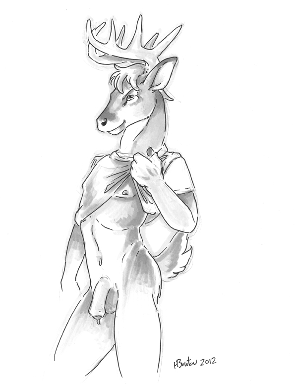2012 4_fingers anthro antlers balls biped bottomless cervine clothed clothing clothing_lift deer front_view greyscale hair heather_bruton horn looking_at_viewer lou_(stripes) male mammal monochrome navel nipples partially_clothed pencil_(artwork) penis portrait precum shirt shirt_lift short_hair signature simple_background smile smirk snout solo standing three-quarter_portrait traditional_media_(artwork) white_background