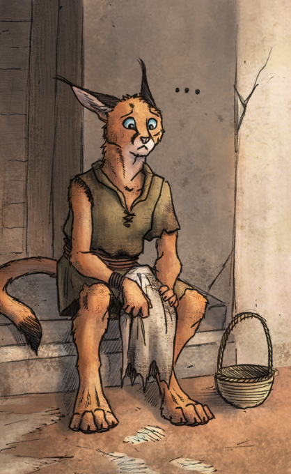 0laffson anthro barefoot blue_eyes caracal clothed clothing digitigrade ear_tuft feline hindpaw male mammal paws sitting solo titusw tuft tunic