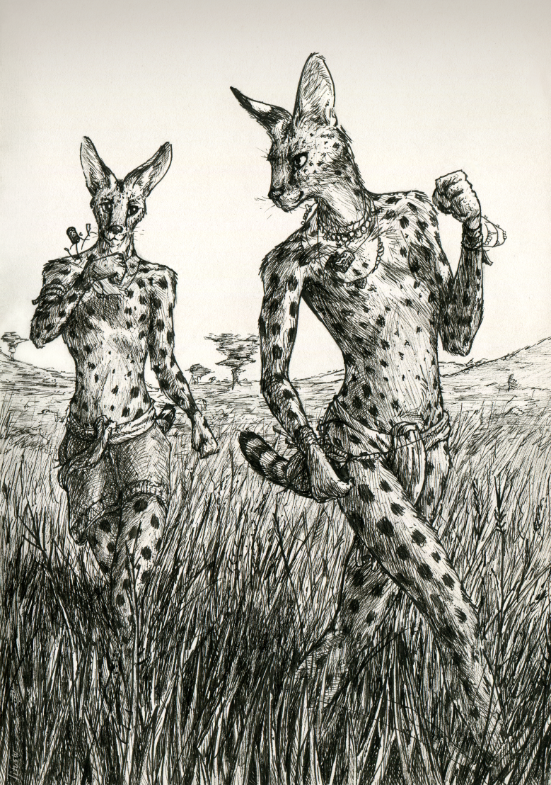 anthro big_ears black_and_white bracelet clothed clothing duo feline fur grass grees jewelry loincloth male mammal monochrome necklace outside running serval sky spots spotted_fur titusw topless