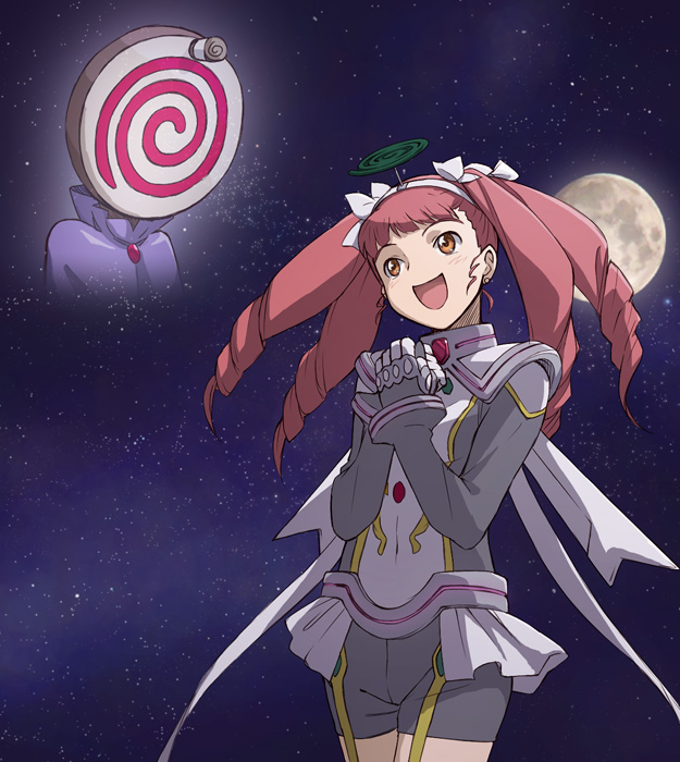 blush breasts drill_hair large_breasts long_hair minato_fumi moon my-otome quad_tails red_hair shiho_huit sky smile solo star_(sky) starry_sky