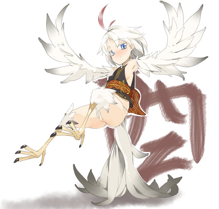 1girl blue_eyes female flying harpy jpeg_artifacts maruku monster_girl original simple_background solo white_background white_hair