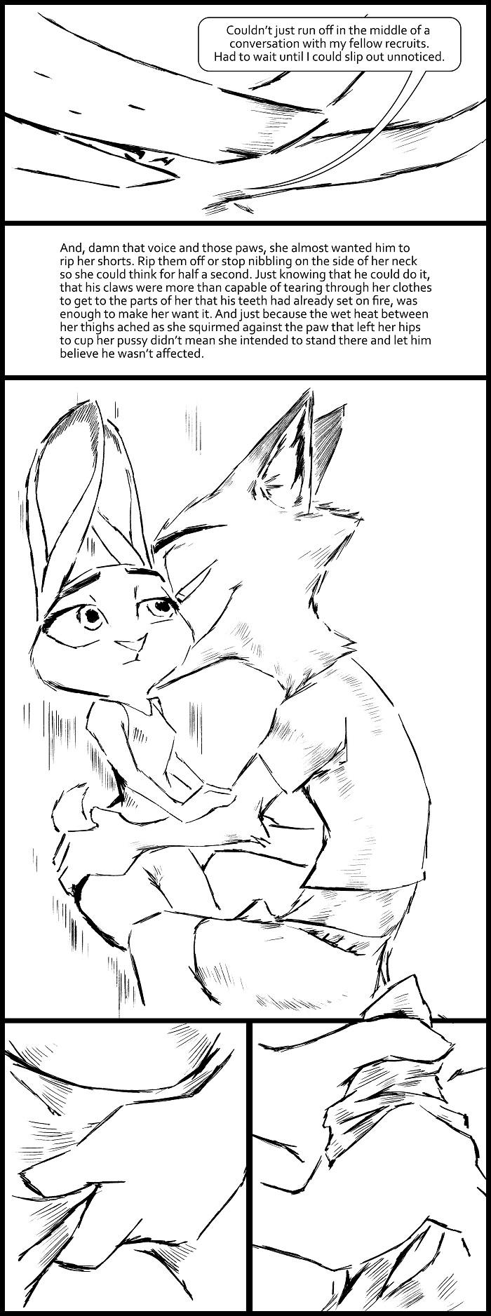 2017 anthro black_and_white bulge canine clothed clothing comic crotch_grab dialogue dipstick_ears disney duo english_text female fondling fox grope hip_grab judy_hopps lagomorph male male/female mammal monochrome nick_wilde penis penis_grab rabbit smile text thewyvernsweaver zootopia