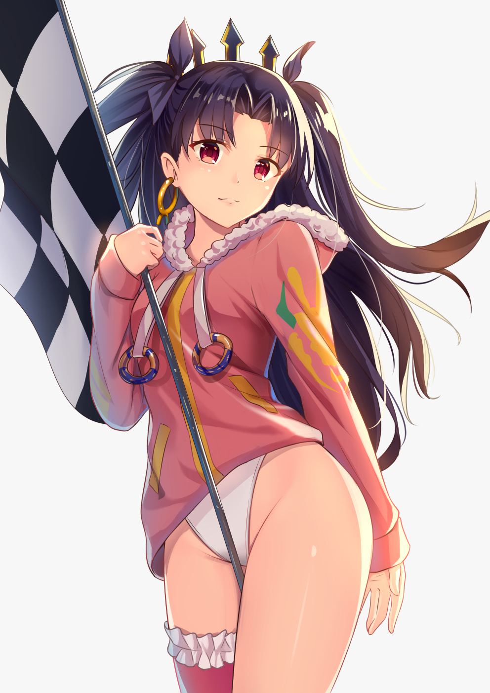 bangs between_legs black_hair checkered checkered_flag commentary_request cowboy_shot crown earrings eyebrows_visible_through_hair fate/grand_order fate_(series) flag frilled_legwear fur_trim hair_ribbon hand_up highleg highleg_swimsuit highres holding holding_flag hood hoodie hoop_earrings ishtar_(fate/grand_order) ishtar_(swimsuit_rider)_(fate) jewelry light_smile long_hair looking_at_viewer parted_bangs pink_legwear red_eyes revision ribbon single_thighhigh solo swimsuit swimsuit_under_clothes thighhighs thighs two_side_up white_swimsuit yan_(nicknikg)