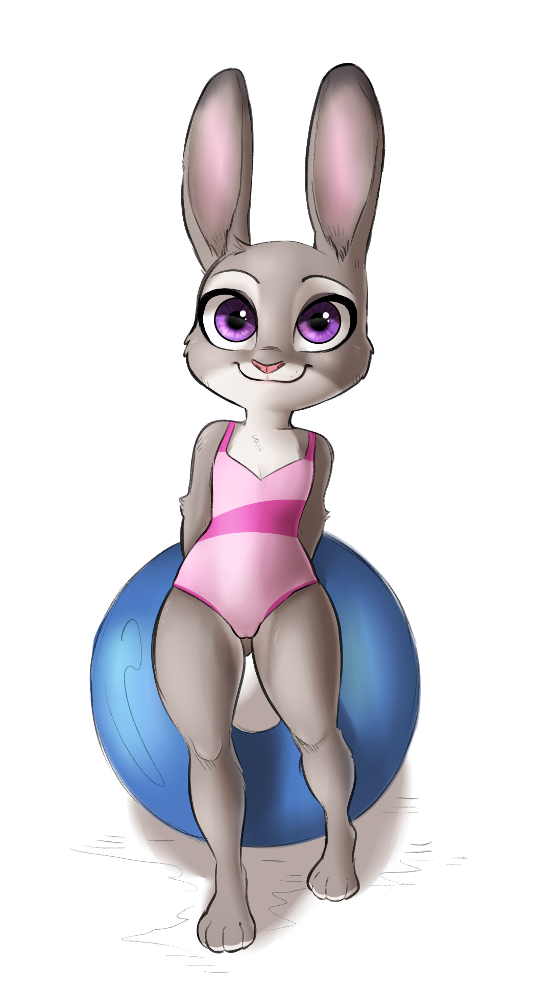 2016 anthro camel_toe captainpudgemuffin clothing collaboration disney female flat_chested fur glacierclear grey_fur hands_behind_back hi_res inner_ear_fluff judy_hopps lagomorph looking_at_viewer mammal one-piece_swimsuit purple_eyes rabbit simple_background smile solo swim_ring swimsuit white_background wide_hips zootopia