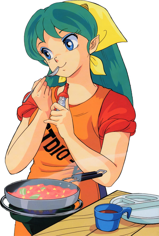 apron artist_request bandana blue_eyes bottle casual clothes_writing cooking cup eyeshadow green_hair holding holding_bottle holding_spoon horns long_hair lum makeup pointy_ears sleeves_rolled_up smile solo spatula spoon steam stove table transparent_background urusei_yatsura