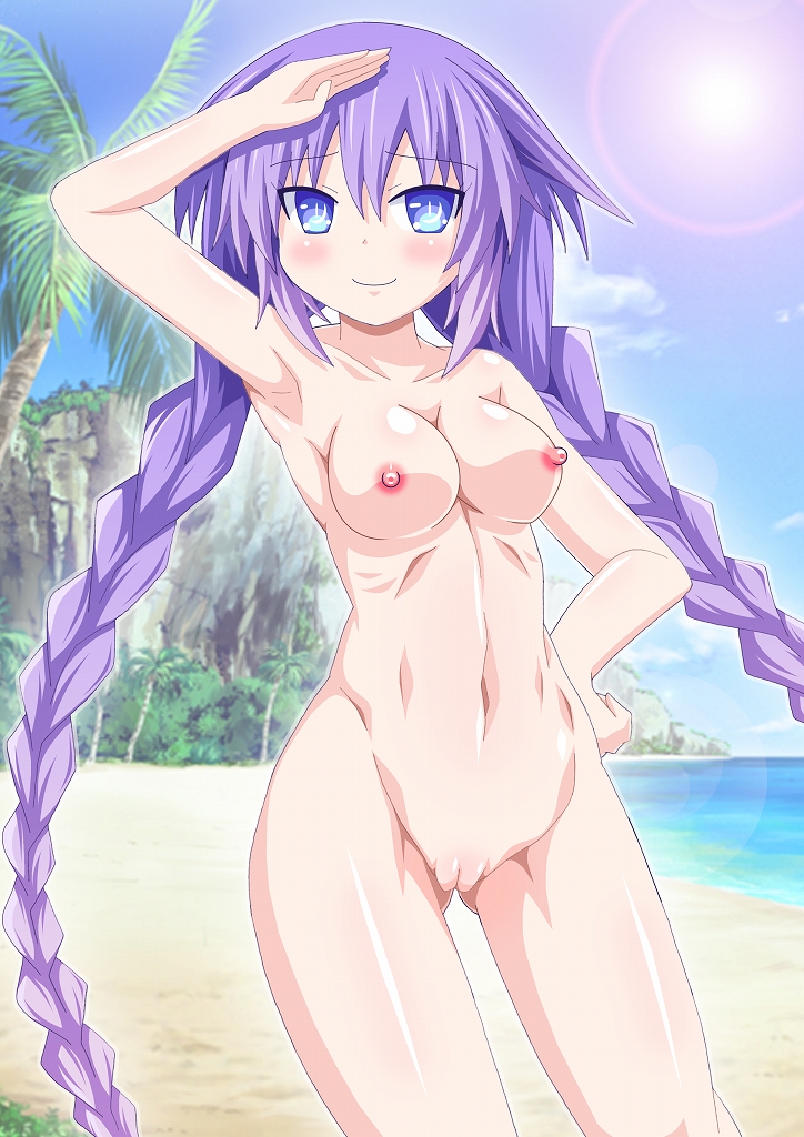 1girl areolae arms_behind_head arms_up beach blue_eyes blush braid breasts choujigen_game_neptune closed_mouth cowboy_shot erect_nipples female hair_ornament kagerou_(kers) long_hair midriff navel neptune_(choujigen_game_neptune) nipples nude outdoors purple_hair purple_heart pussy ribbon solo stomach tied_hair twin_braids uncensored vaginal