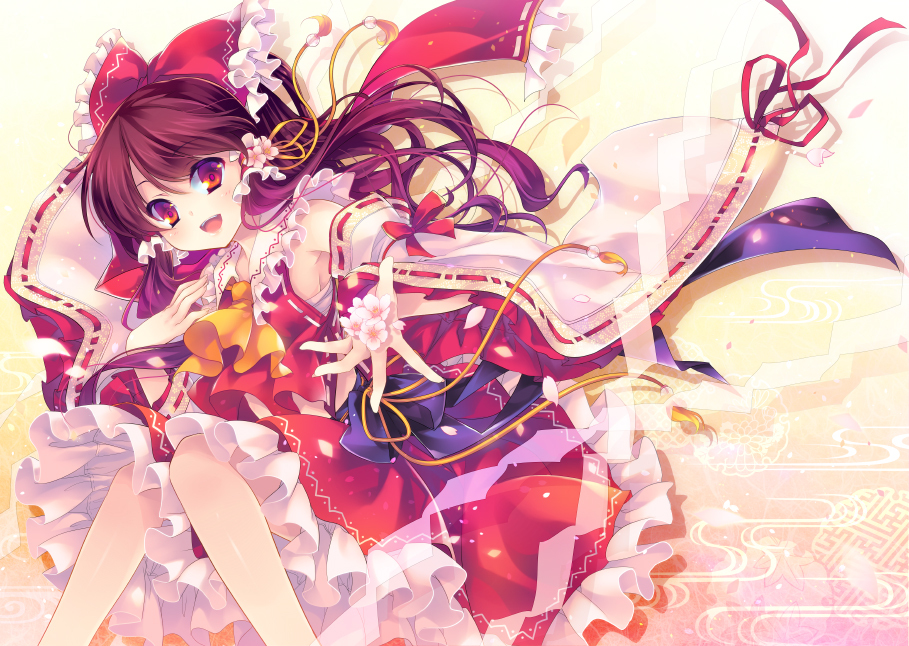 bow brown_hair cherry_blossoms detached_sleeves embellished_costume frills gathers hair_bow hair_ornament hakurei_reimu hand_on_own_chest hands open_mouth outstretched_hand petals red_eyes red_hair ribbon sayagata shinia skirt smile solo tassel touhou wide_sleeves