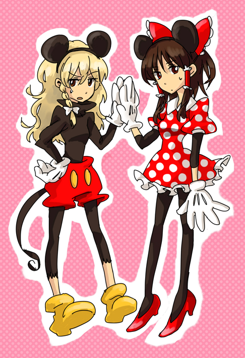 cosplay disney hakurei_reimu kirisame_marisa mickey_mouse mickey_mouse_(cosplay) minnie_mouse minnie_mouse_(cosplay) multiple_girls pantyhose parody ribbon shinoasa touhou