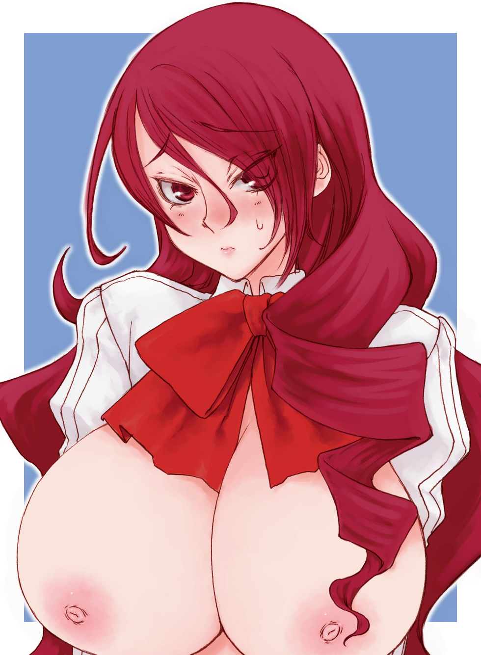 ascot atlus blush bow breasts breasts_out breasts_outside female hair_over_one_eye highres huge_breasts kirijo_mitsuru kirijou_mitsuru large_breasts long_hair megami_tensei mitsuru_kirijo nipples open_clothes open_shirt persona persona_3 red_eyes red_hair revealing_clothes school_uniform shin_megami_tensei shirt solo student sweat useless_clothes