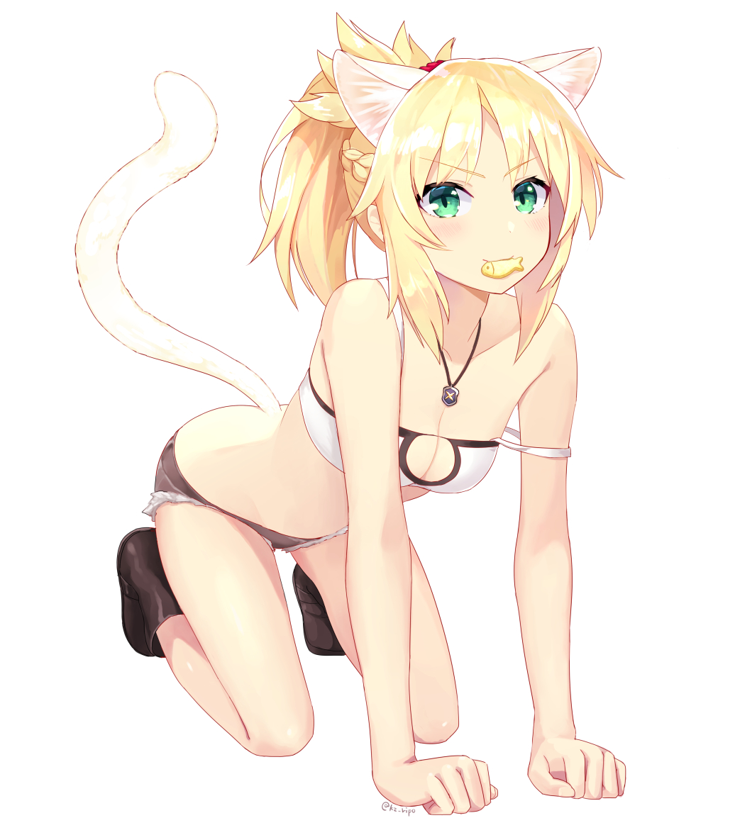 all_fours animal_ears bare_shoulders blonde_hair blush breasts cat_ears cat_tail cleavage cleavage_cutout closed_mouth denim denim_shorts fate/apocrypha fate_(series) full_body green_eyes jewelry kemonomimi_mode kz_ripo looking_at_viewer medium_breasts mordred_(fate) mordred_(fate)_(all) mouth_hold off_shoulder pendant pet_play ponytail short_hair short_shorts shorts simple_background solo tail tail_raised twitter_username white_background
