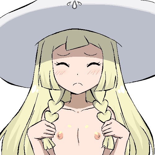 1girl blonde_hair blush breasts embarrased flat_chest gomatarou hat lillie_(pokemon) pokemon pokemon_sm simple_background topless twin_braids white_background