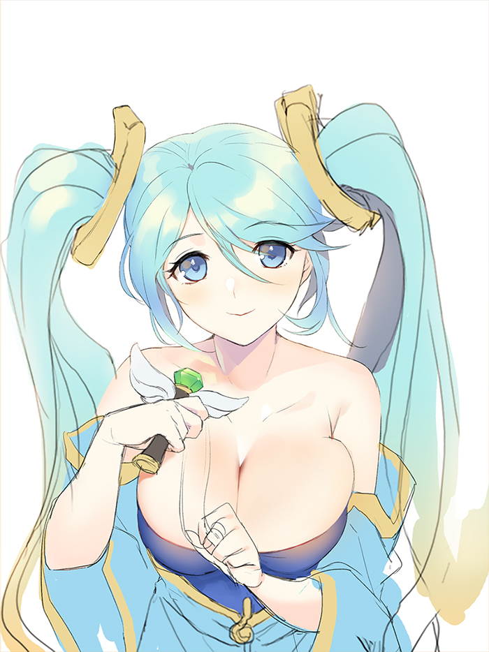 1girl blue_eyes blue_hair breasts cleavage dakun dress large_breasts league_of_legends smile solo sona_buvelle twintails ward