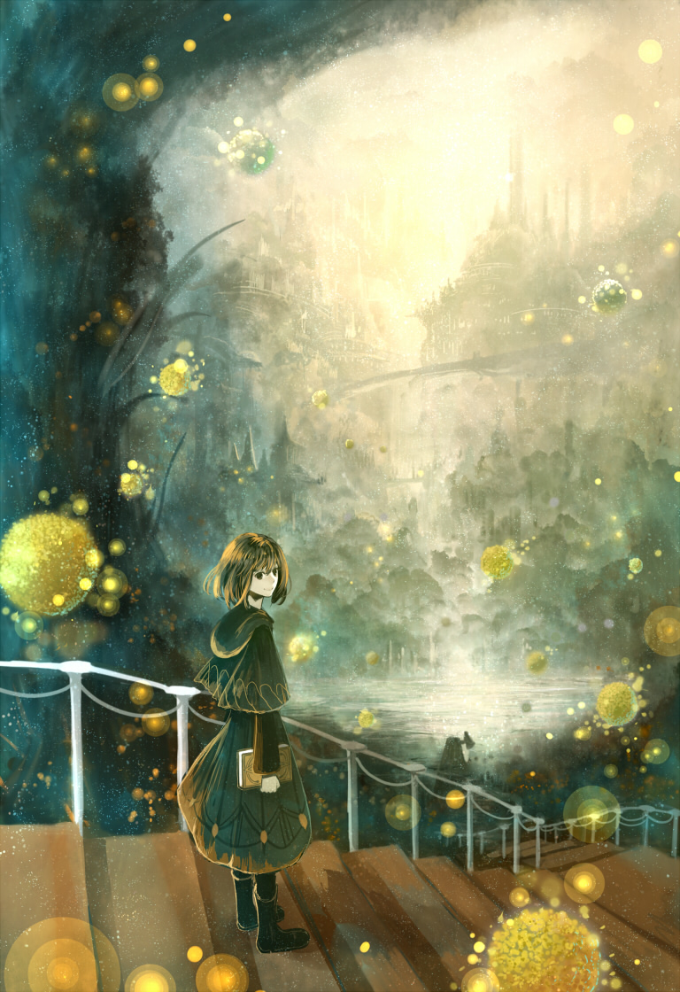 bangs book boots capelet commentary_request fantasy from_side holding holding_book hood hood_down hoodie hoodie_vest lake looking_at_viewer magic original sakimori_(hououbds) scenery short_hair skirt smile solo stairs vest wide_sleeves