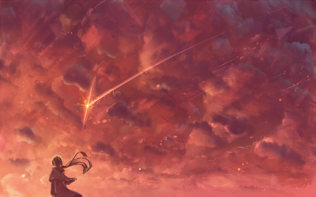 capelet cloud cloudy_sky commentary_request long_hair original ponytail red_sky sakimori_(hououbds) scenery shooting_star skirt sky solo sunset