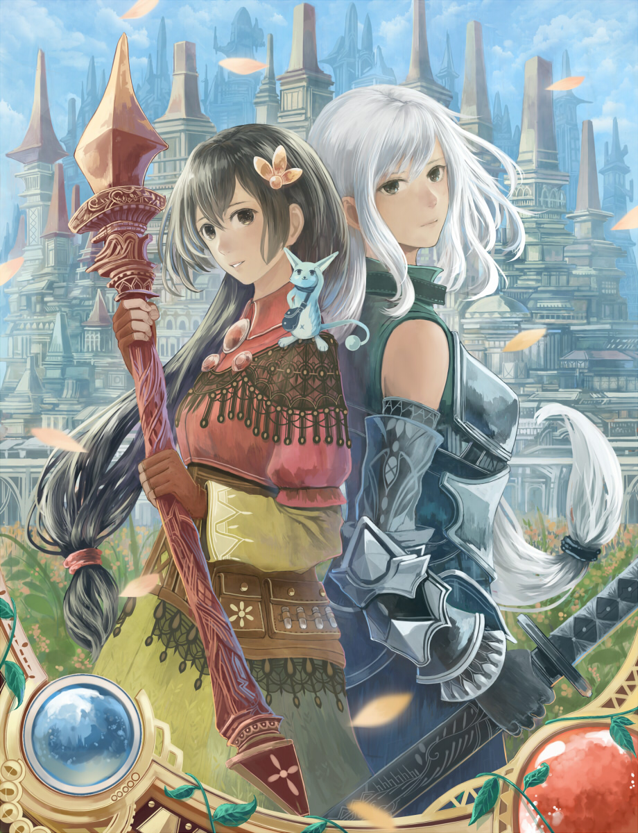 animal animal_on_shoulder armor back-to-back bangs black_gloves black_hair blue_sky breasts brown_gloves city closed_mouth clothed_animal cloud cloudy_sky commentary_request day detached_sleeves fantasy fingerless_gloves frame gloves hair_ornament highres holding holding_staff holding_sword holding_weapon katana large_breasts long_hair long_sleeves looking_at_viewer low_ponytail medium_breasts multiple_girls original parted_lips sakimori_(hououbds) sheath sheathed sky smile staff sword upper_body very_long_hair weapon white_hair