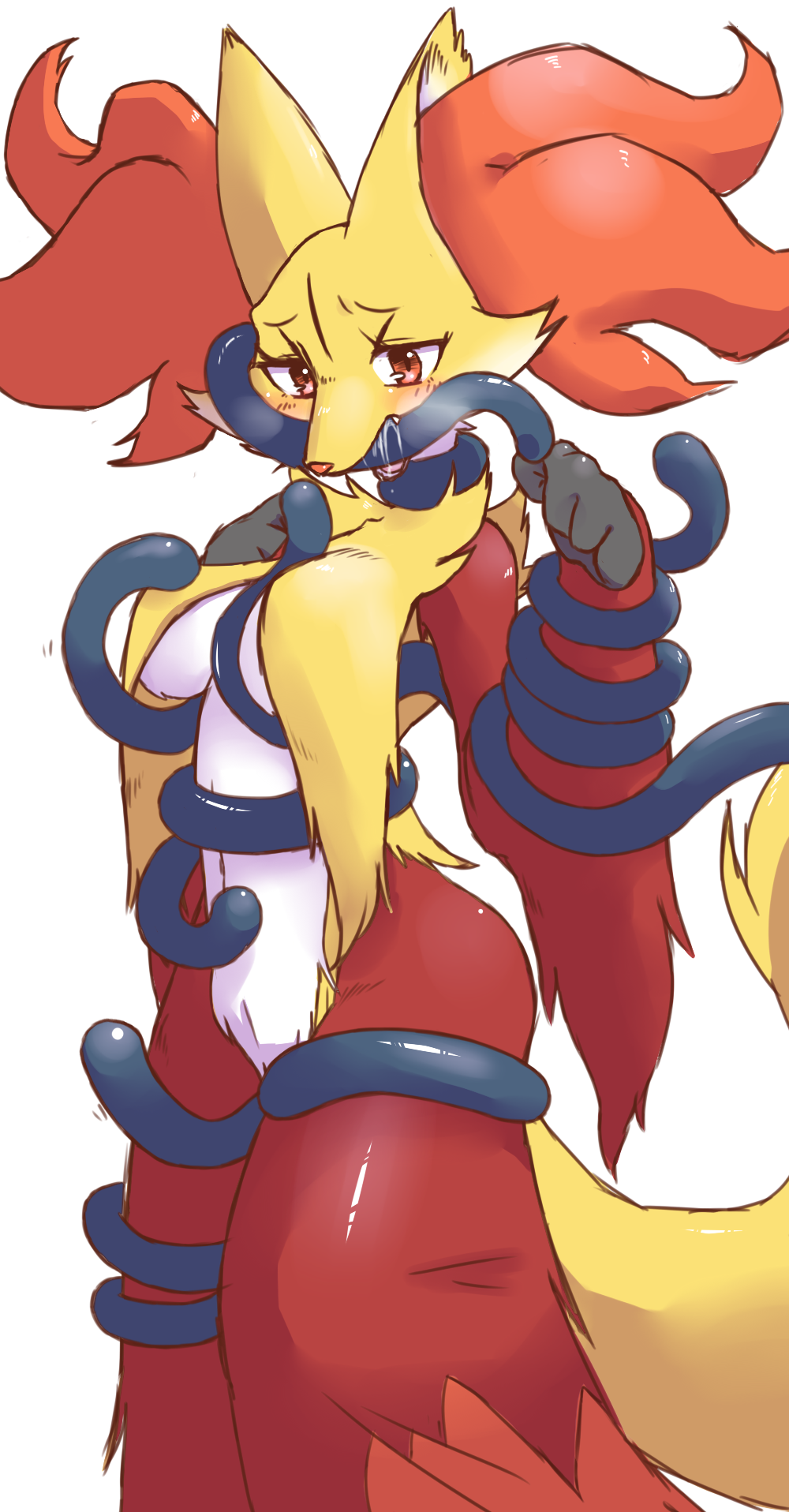 big_breasts blush breasts chiji delphox female navel nintendo open_mouth pok&eacute;mon red_eyes restrained simple_background solo standing tentacles video_games white_background