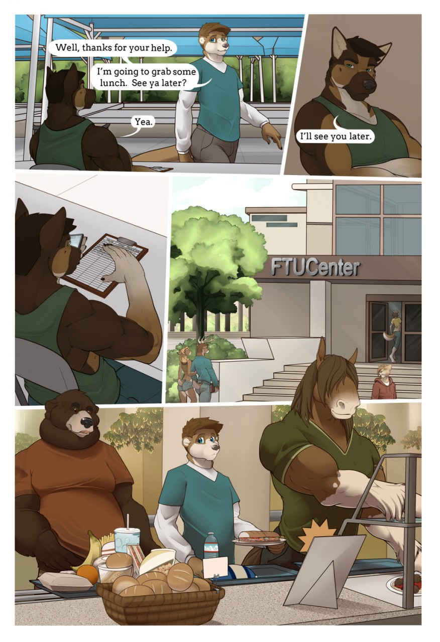 2017 anthro bear canine canteen cellphone clipboard clothed clothing college comic dialogue digital_media_(artwork) dog equine fasttrack37d food fully_clothed german_shepherd grin hair hi_res horse kyle_(fasttrack37d) male mammal mustelid otter outside phone rowan_(fasttrack37d) school smile text