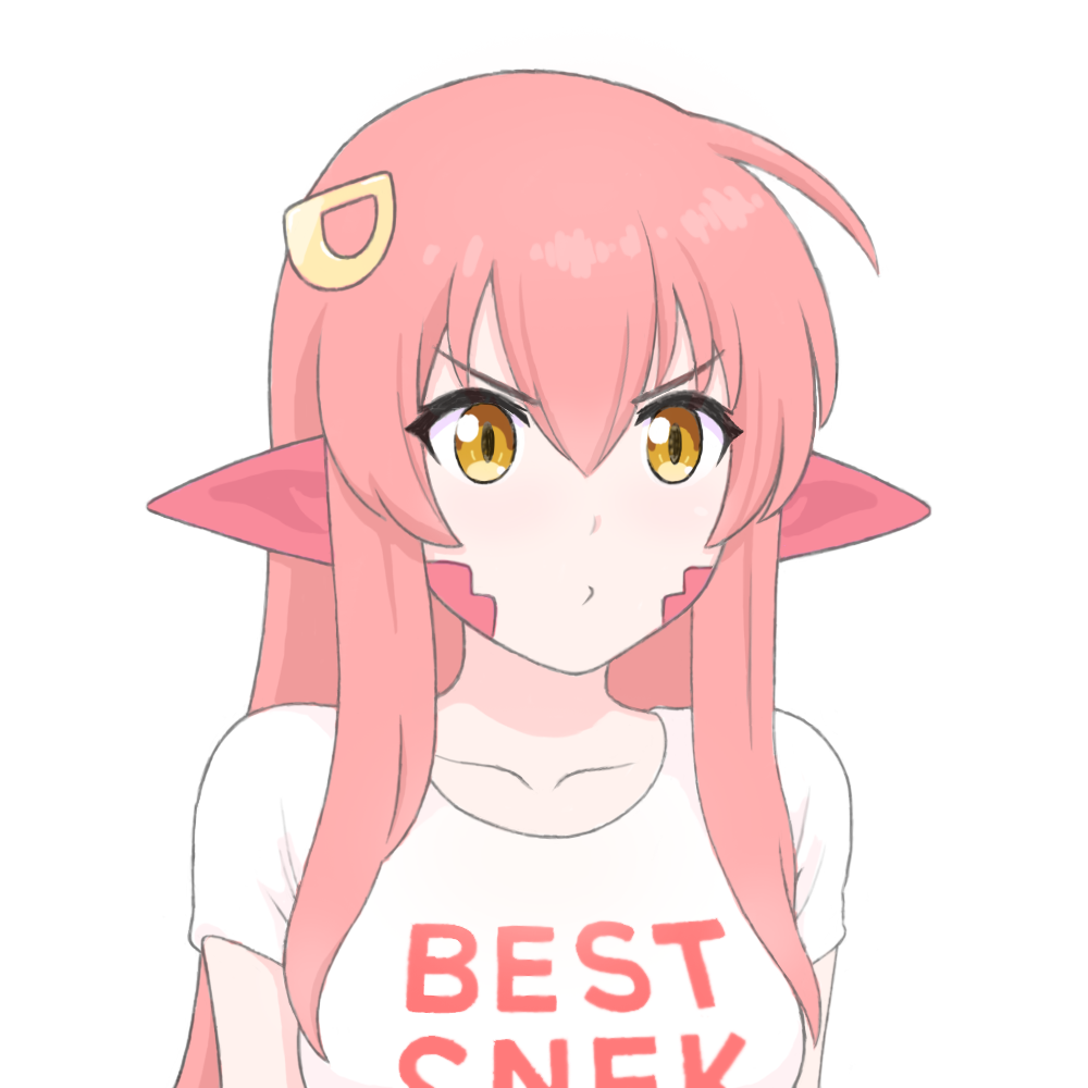 closed_mouth clothes_writing english hair_ornament hairclip lamia long_hair miia_(monster_musume) monster_girl monster_musume_no_iru_nichijou pink_hair pointy_ears pout scales shirt shpo solo t-shirt transparent_background upper_body yellow_eyes