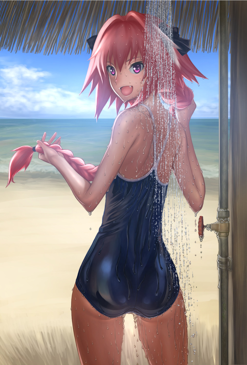 ass astolfo_(fate) black_bow bow braid commentary_request competition_school_swimsuit crossdressing fang fate/apocrypha fate_(series) hair_ribbon highres kyodairobo male_focus multicolored_hair one-piece_swimsuit otoko_no_ko pink_hair purple_eyes ribbon school_swimsuit showering single_braid streaked_hair swimsuit water wet wet_hair