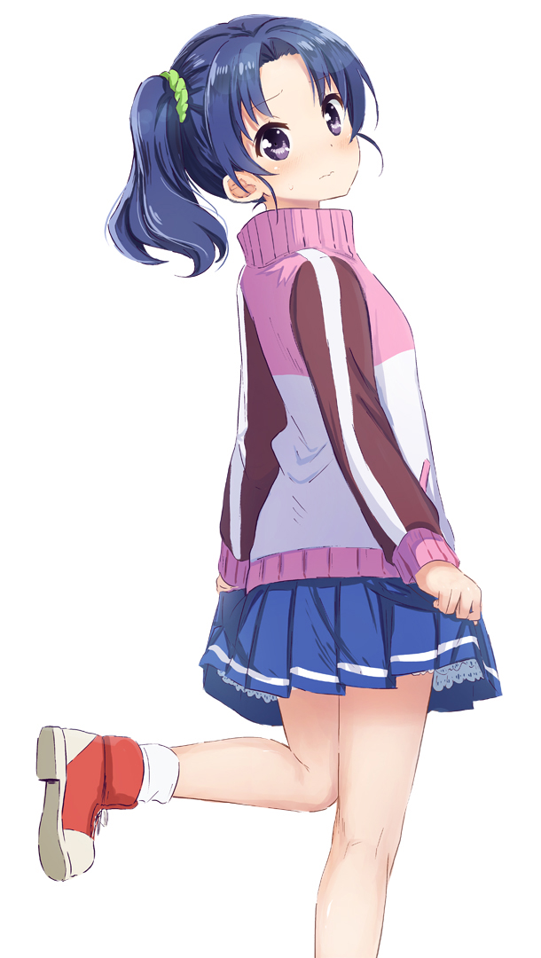 3: abe_kanari blue_hair blush boots from_behind green_scrunchie hair_ornament hair_scrunchie high_school_fleet leg_up long_sleeves looking_at_viewer looking_back pleated_skirt purple_eyes scrunchie short_hair side_ponytail simple_background skirt skirt_hold solo standing standing_on_one_leg sweatdrop sweater turtleneck turtleneck_sweater wavy_mouth wazumi_hime white_background
