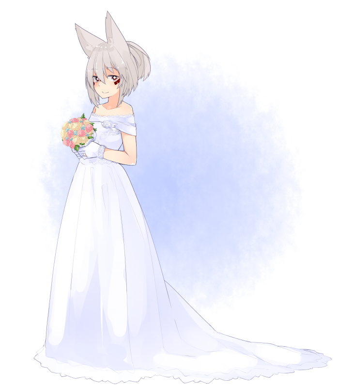 akasha_(syakoba) animal_ears blue_background bouquet bride bright_pupils dress facepaint flower full_body gloves grey_hair original shako_(syakoba3) simple_background smile two-tone_background white_background white_dress white_gloves wolf_ears