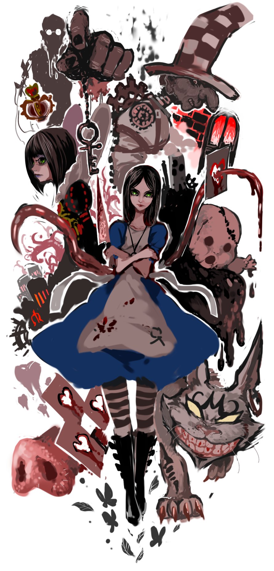 alice:_madness_returns alice_(wonderland) alice_in_wonderland american_mcgee's_alice apron black_hair boots closed_mouth crossed_arms dress green_eyes hat highres long_hair looking_at_viewer multiple_boys projected_inset standing striped striped_legwear thighhighs yuriyuri_(ccc)
