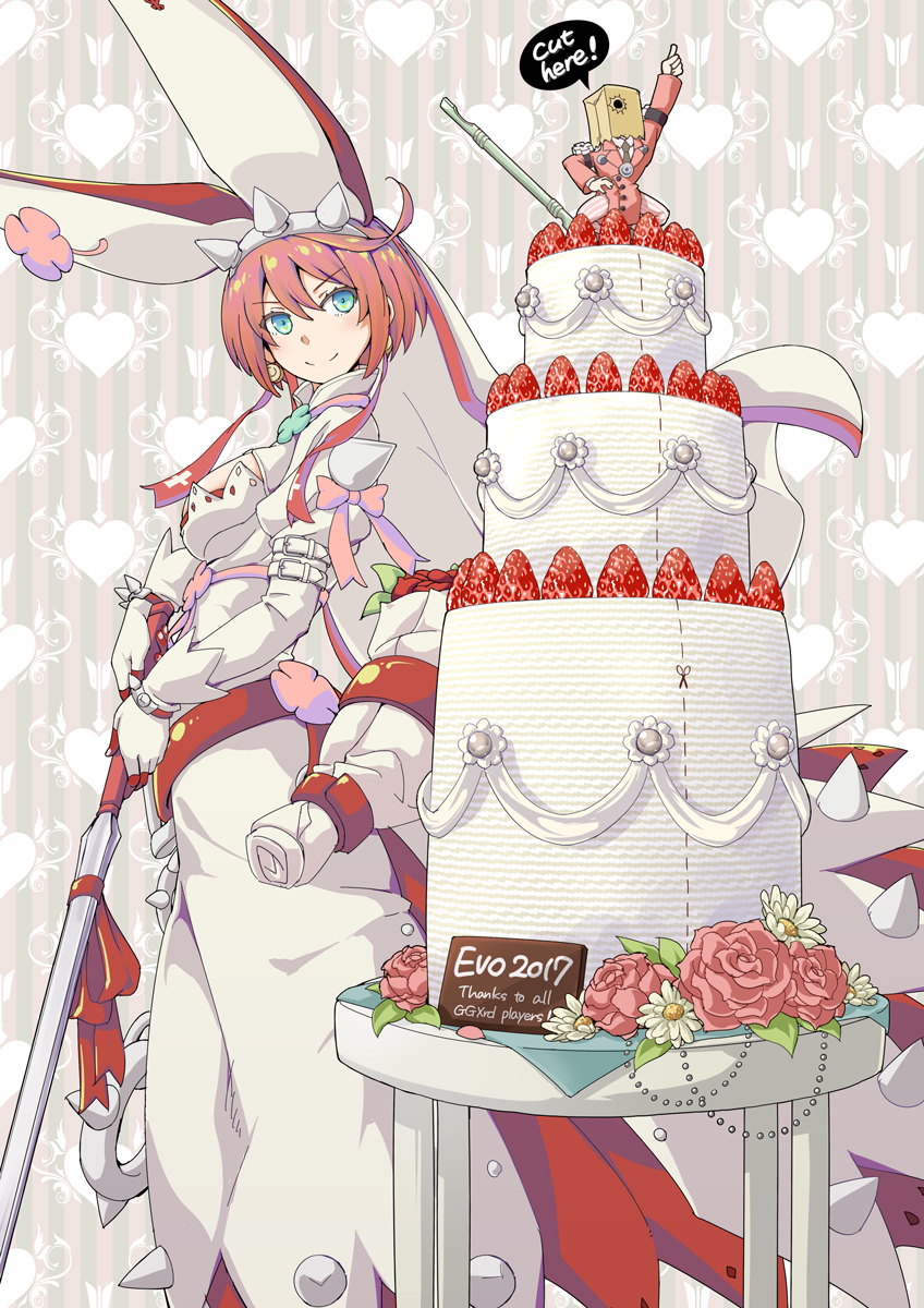 1girl aka_ringo arm_up bag bag_on_head bangs blue_eyes bob_cut breasts closed_mouth commentary_request crown dotted_line dress elphelt_valentine english eyebrows_visible_through_hair faust_(guilty_gear) flower food fruit gloves guilty_gear guilty_gear_xrd gun hair_between_eyes hand_on_hip heart heart_background highres holding holding_gun holding_weapon index_finger_raised layer_cake looking_at_viewer medium_breasts paper_bag pink_flower pink_hair pink_rose pointing pointing_up rose short_hair shotgun smile solo_focus speech_bubble squatting standing strawberry striped striped_background table tsurime veil vertical-striped_background vertical_stripes weapon white_dress white_gloves