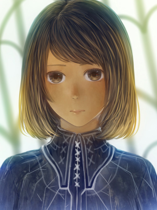 bangs blue_shirt blurry blurry_background bob_cut brown_eyes brown_hair closed_mouth commentary_request expressionless eyes face lips looking_at_viewer original portrait sakimori_(hououbds) shirt short_hair solo