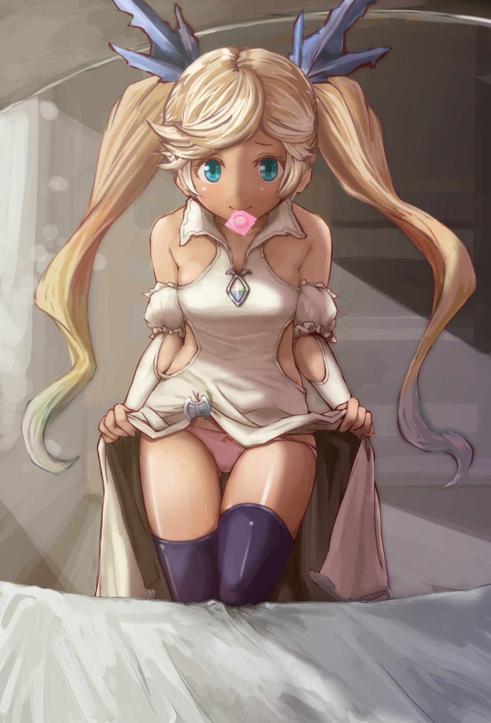 ass_visible_through_thighs bangs bare_shoulders black_legwear blonde_hair blue_eyes blush bow bow_panties closed_mouth condom condom_in_mouth dark_skin detached_sleeves dress dress_lift frilled_sleeves frills granblue_fantasy green_hair highres indoors io_euclase kaniki_reitou_souko long_hair looking_at_viewer mouth_hold multicolored_hair panties pink_panties puffy_short_sleeves puffy_sleeves short_sleeves solo swept_bangs thigh_gap thighhighs twintails underwear very_long_hair white_dress