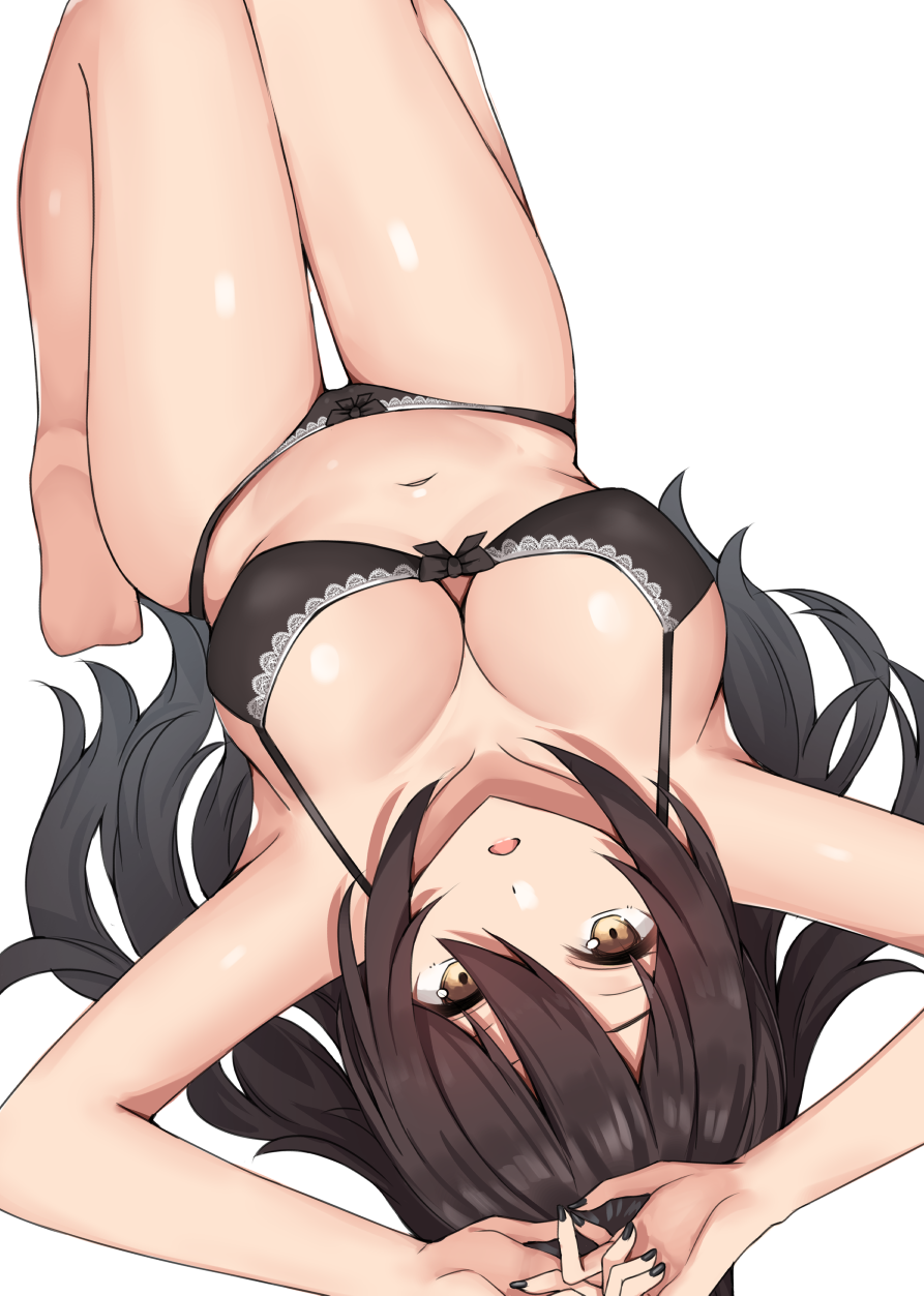 1girl arms_up bare_legs barefoot black_bra black_hair black_nails black_panties bow bow_bra bra breasts cleavage collarbone commentary_request eyebrows_behind_hair hair_between_eyes highres idolmaster idolmaster_shiny_colors kanikou knees_up large_breasts long_hair looking_at_viewer lying nail_polish navel on_back own_hands_together panties parted_lips ponytail shiny shiny_skin shirase_sakuya sideboob sidelocks simple_background solo thigh_gap underwear underwear_only upside-down white_background yellow_eyes