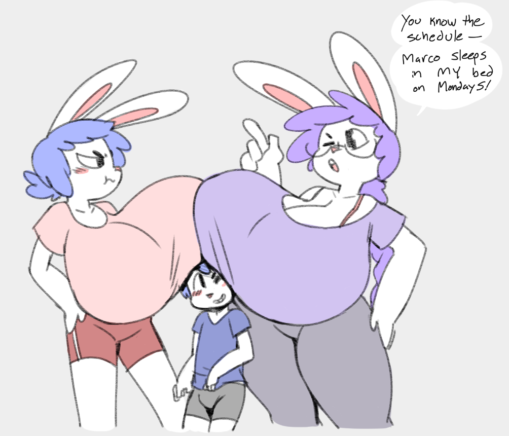2017 angry angstrom anthro big_breasts blush boob_hat breasts bulge eyewear female fur glasses group group_sex huge_breasts hyper hyper_breasts lagomorph larger_female male mammal marco_(angstrom) marie_(angstrom) molly_(angstrom) rabbit sex size_difference smaller_male thick_thighs threesome white_fur