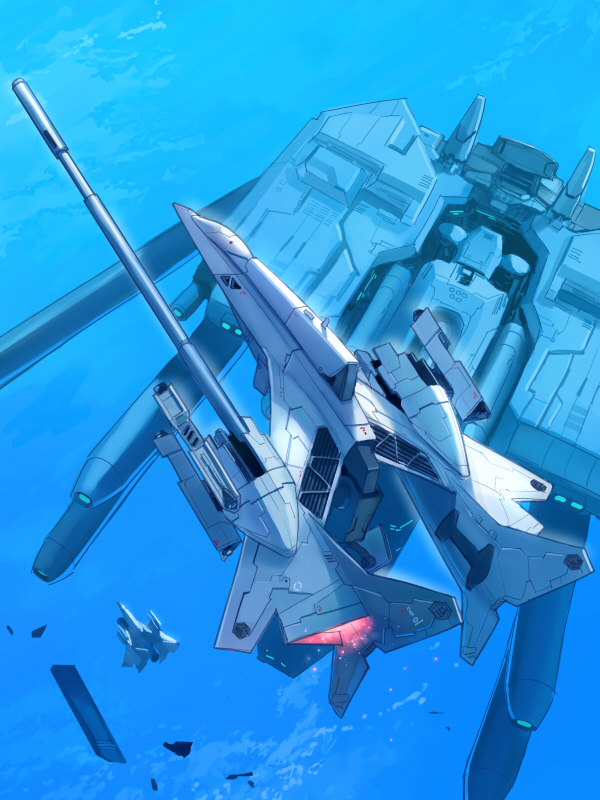 blue_background cannon commentary_request debris energy_cannon flying from_above inui_(jt1116) outdoors science_fiction silpheed silpheed_(spaceship) space_craft starfighter thrusters